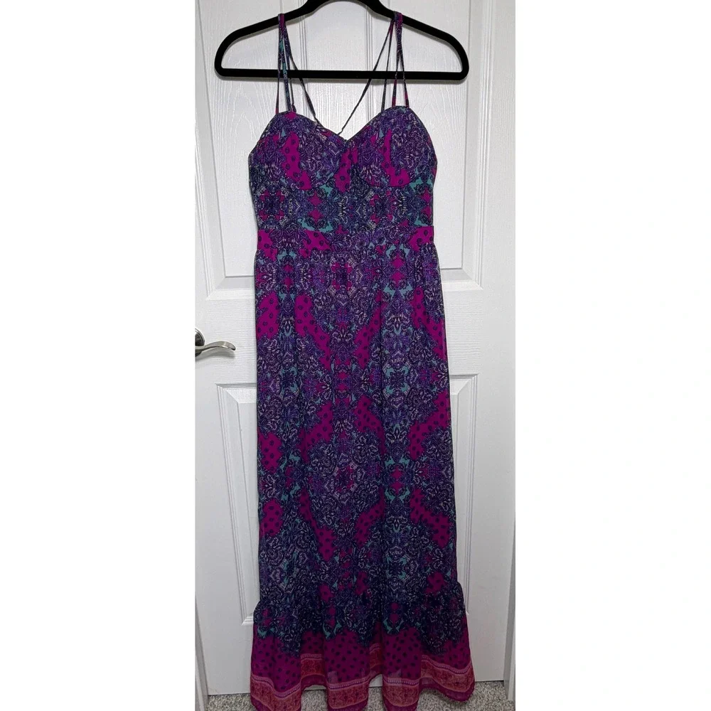 American Eagle Maxi Dress‎ Women Medium Purple Paisley Boho Smocked Back Chiffon